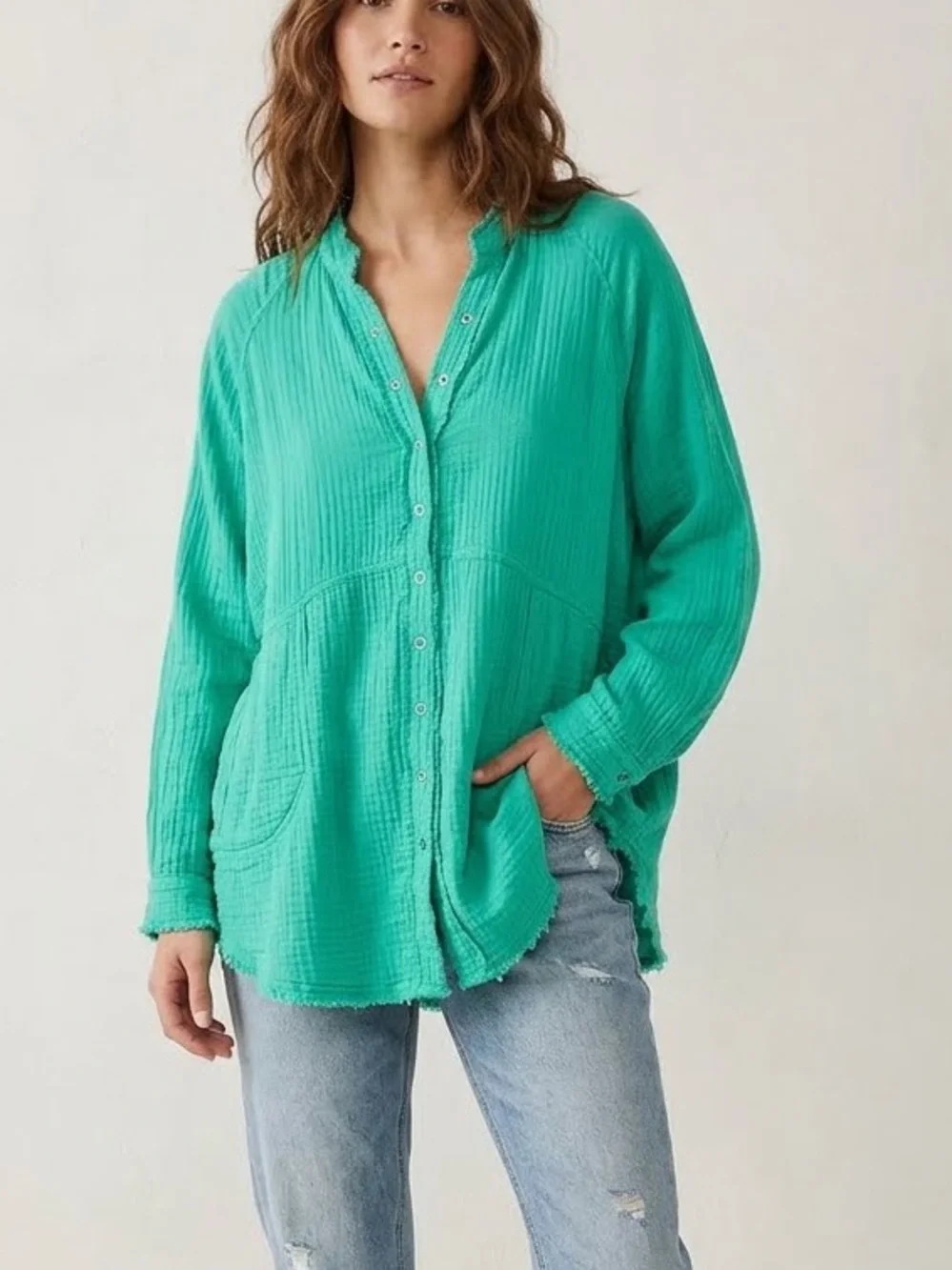 Free People Summer Daydream Buttondown Tunic Shirt Pine Size S